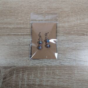 Handmade Blue Pink Iridescent Glass Bead Dangle Earrings Silver Tone